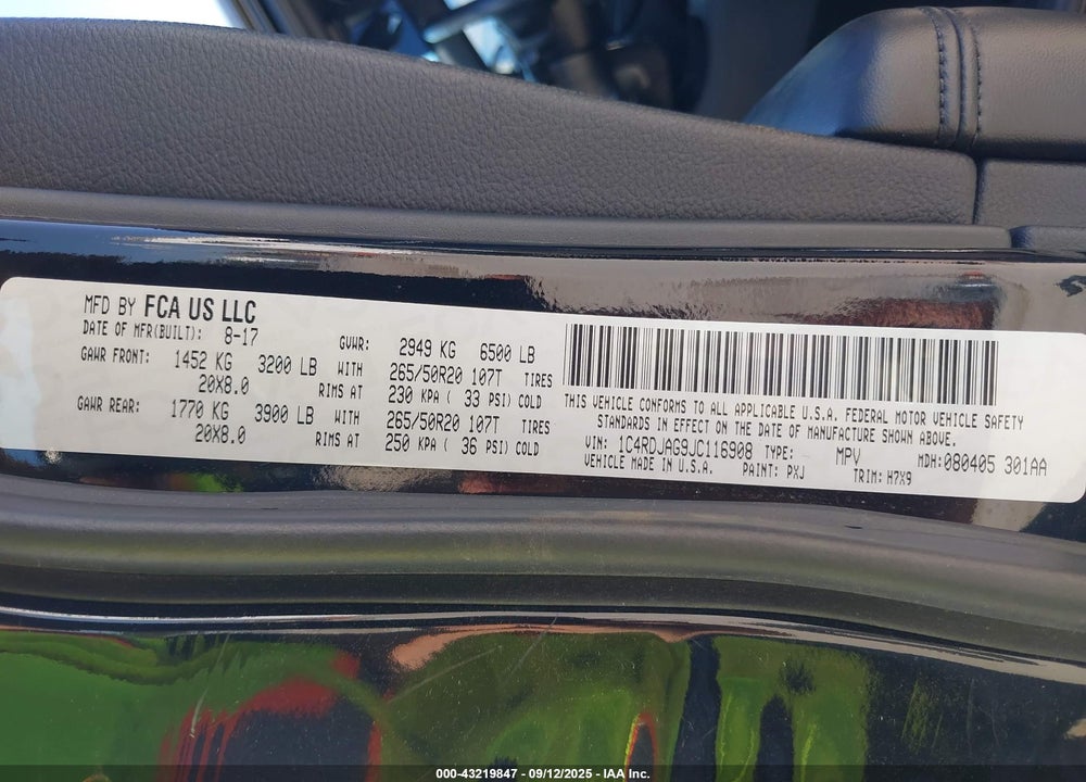 2018 DODGE DURANGO VIN: 1C4RDJAG9JC116908