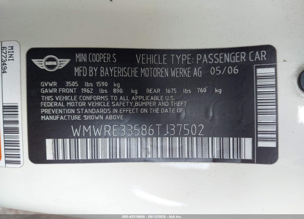 2006 MINI COOPER S VIN: WMWRE33586TJ37502