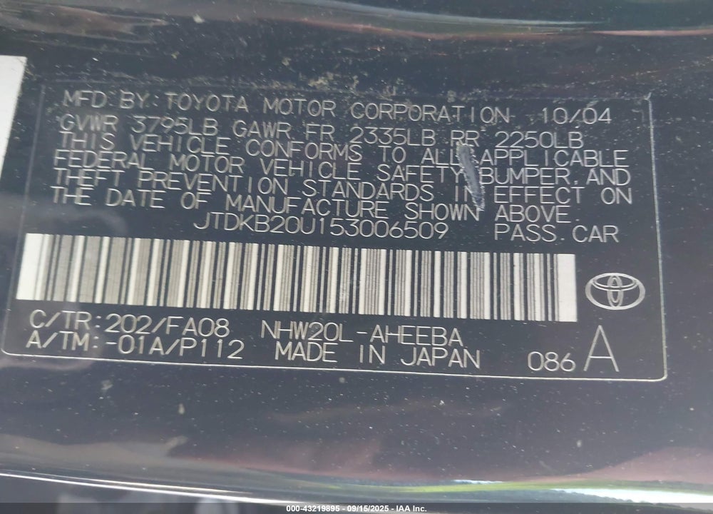 2005 TOYOTA PRIUS VIN: JTDKB20U153006509