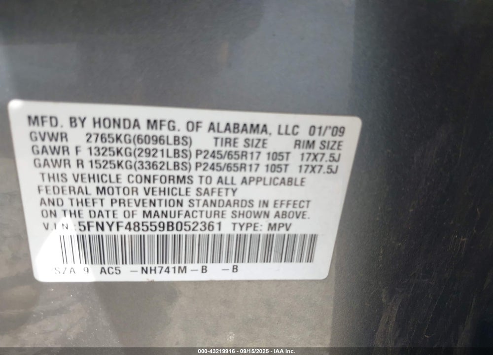 2009 HONDA PILOT VIN: 5FNYF48559B052361