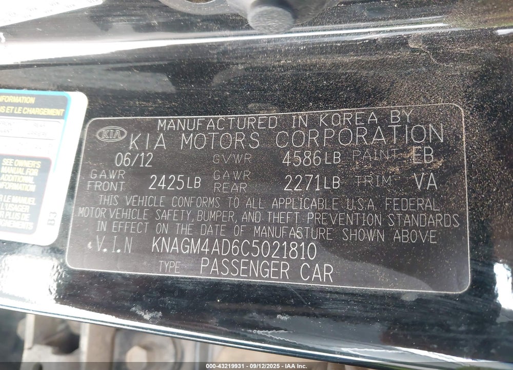 2012 KIA OPTIMA HYBRID EX VIN: KNAGM4AD6C5021810
