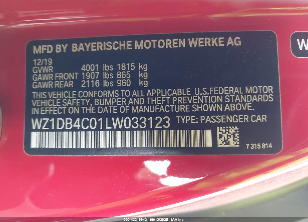 2020 TOYOTA GR SUPRA 3.0 PREMIUM VIN: WZ1DB4C01LW033123