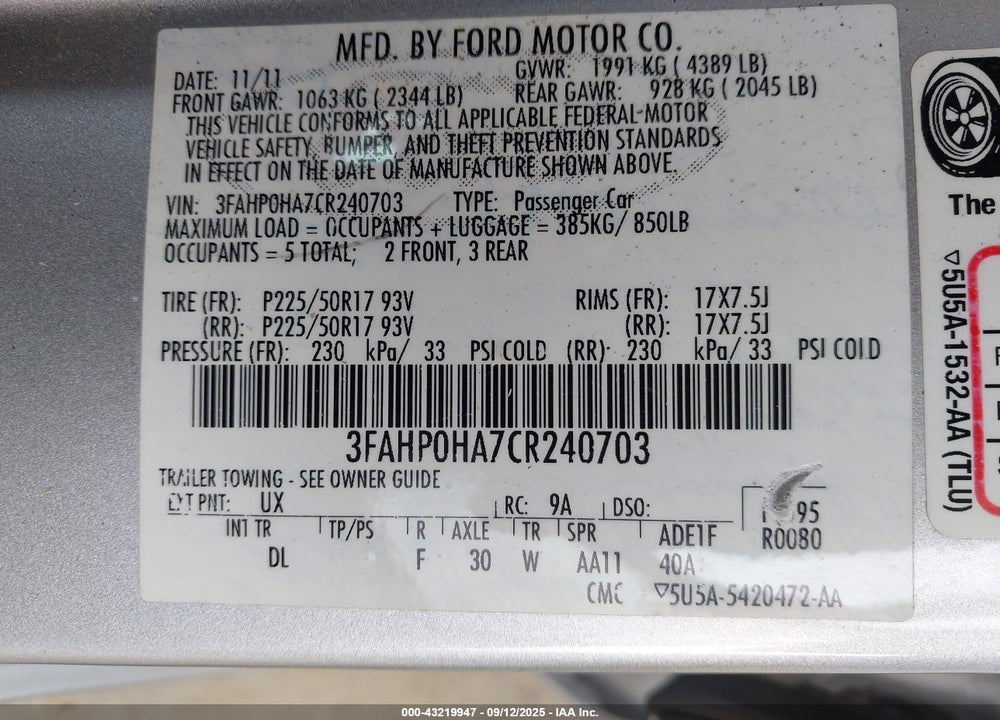 2012 FORD FUSION VIN: 3FAHP0HA7CR240703