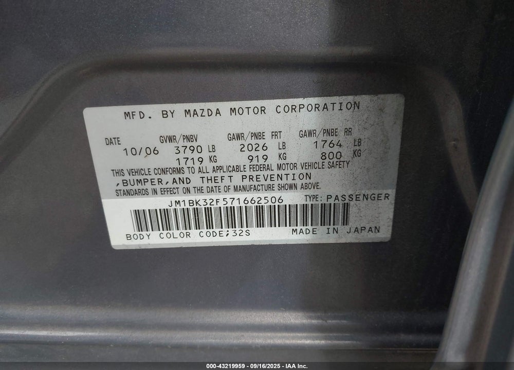 2007 MAZDA 3 I VIN: JM1BK32F571662506