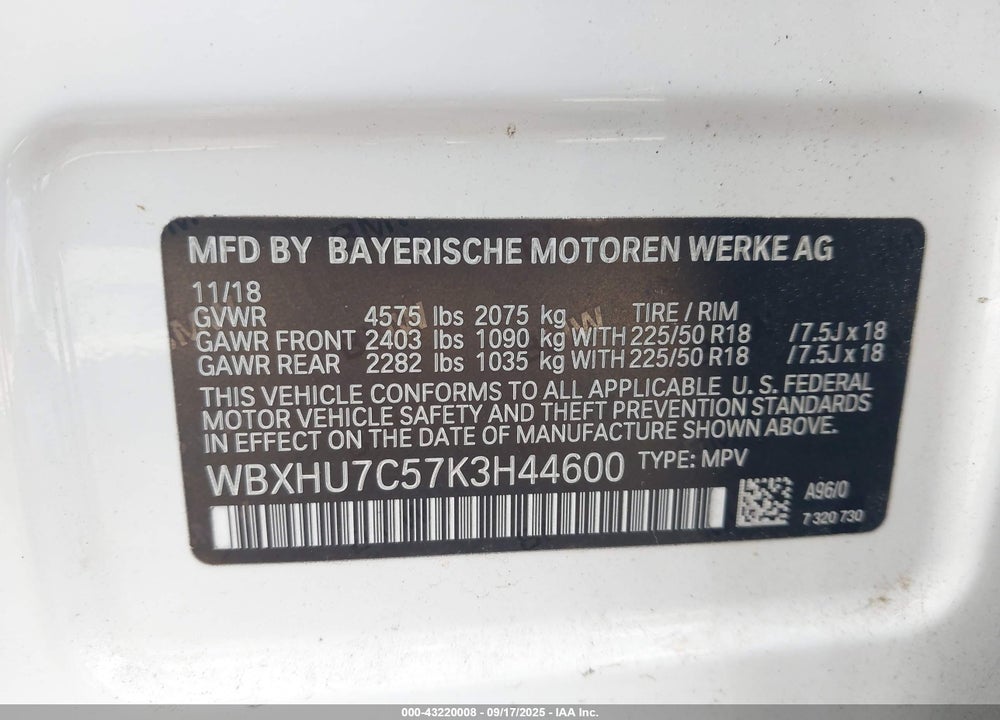 2019 BMW X1 VIN: WBXHU7C57K3H44600