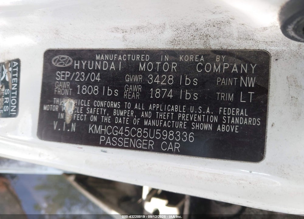 2005 HYUNDAI ACCENT GLS VIN: KMHCG45C85U598336