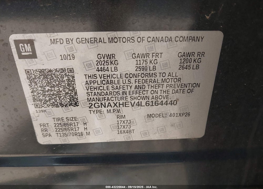 2020 CHEVROLET EQUINOX VIN: 2GNAXHEV4L6164440