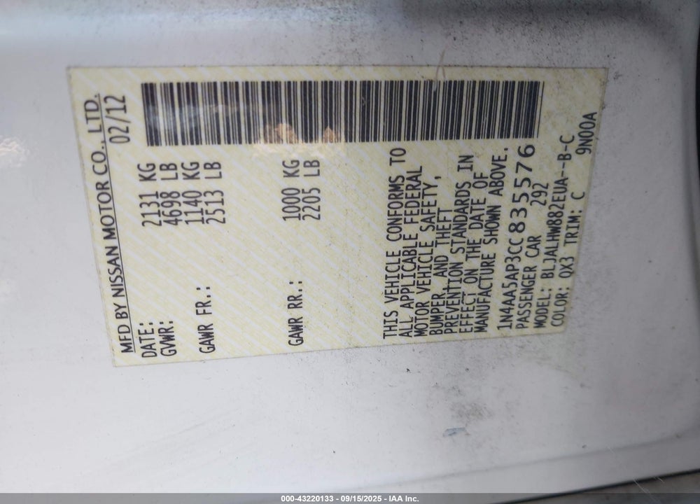 2012 NISSAN MAXIMA VIN: 1N4AA5AP3CC835576