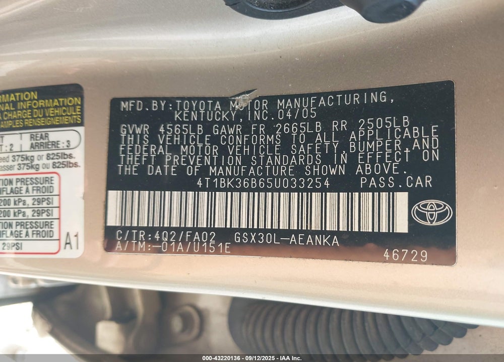 2005 TOYOTA AVALON XL VIN: 4T1BK36B65U033254