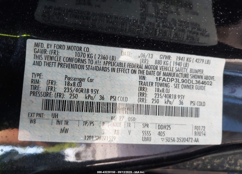 2013 FORD FOCUS VIN: 1FADP3L90DL364602