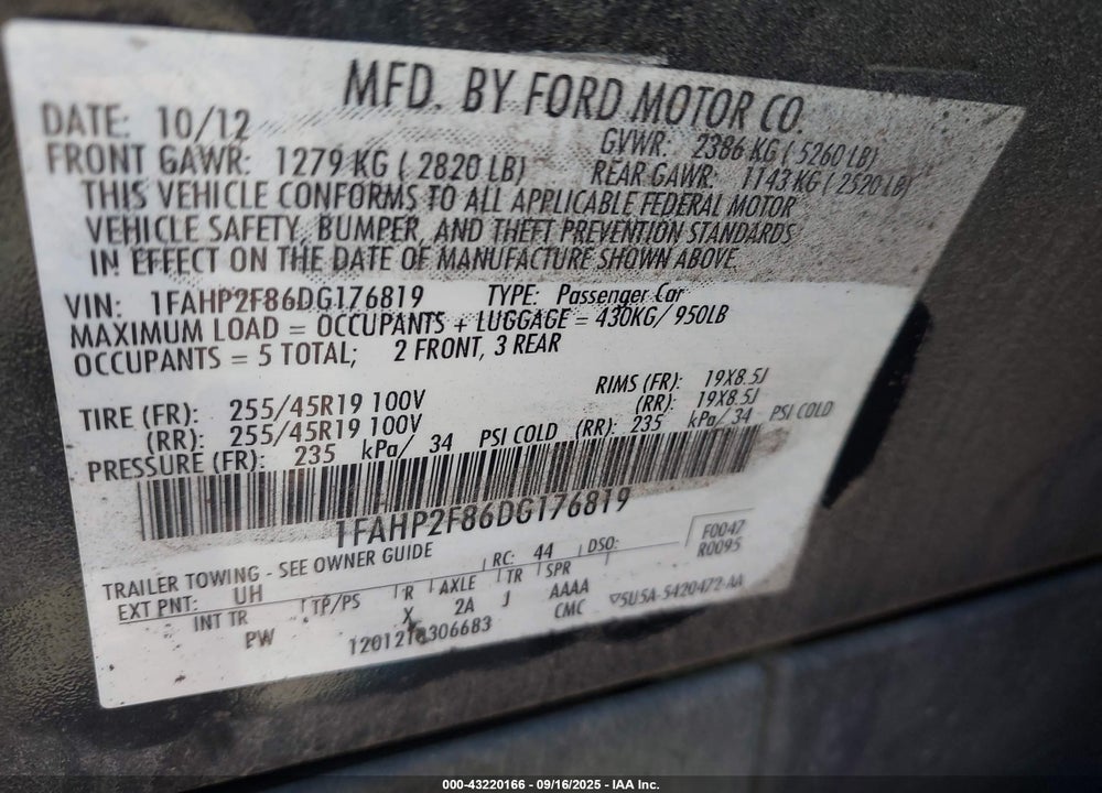 2013 FORD TAURUS LIMITED VIN: 1FAHP2F86DG176819