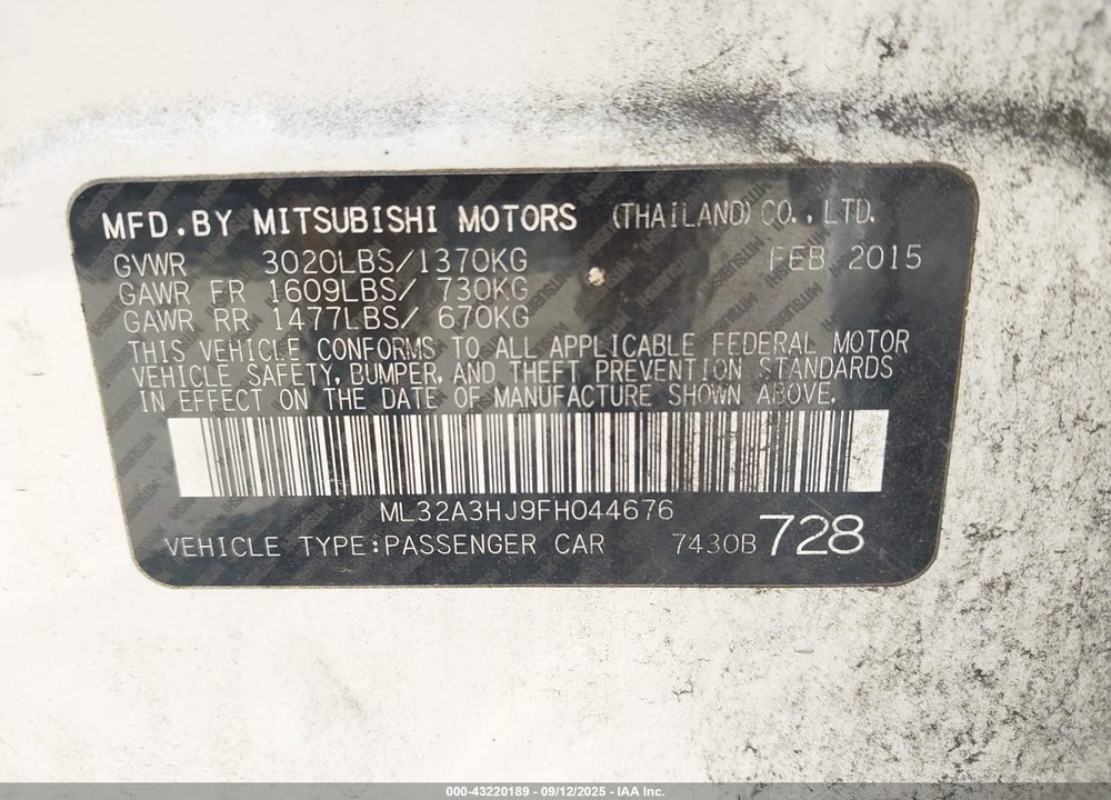 2015 MITSUBISHI MIRAGE VIN: ML32A3HJ9FH044676
