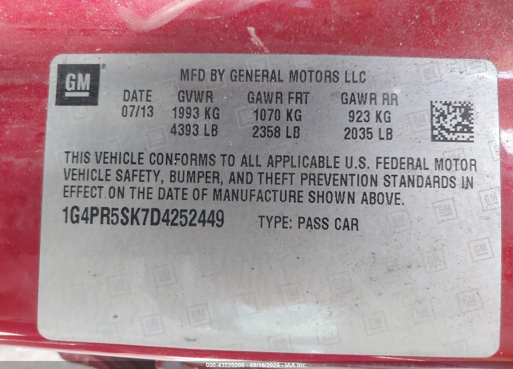 2013 BUICK VERANO VIN: 1G4PR5SK7D4252449
