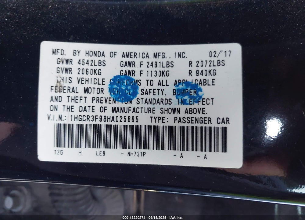 2017 HONDA ACCORD TOURING V6 VIN: 1HGCR3F98HA025665