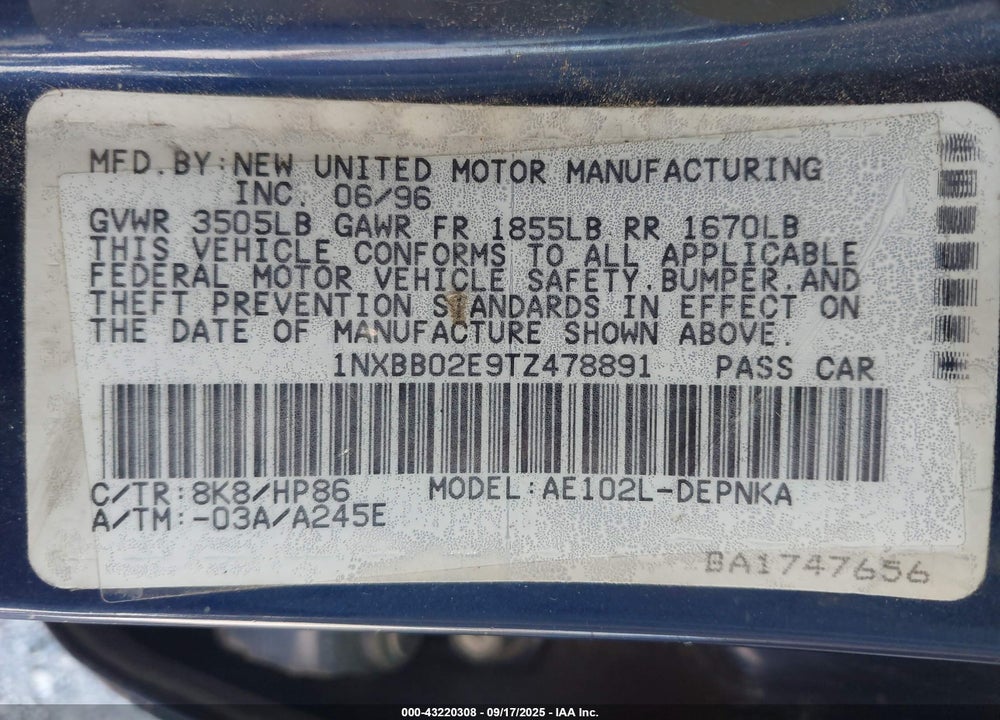 1996 TOYOTA COROLLA DX VIN: 1NXBB02E9TZ478891