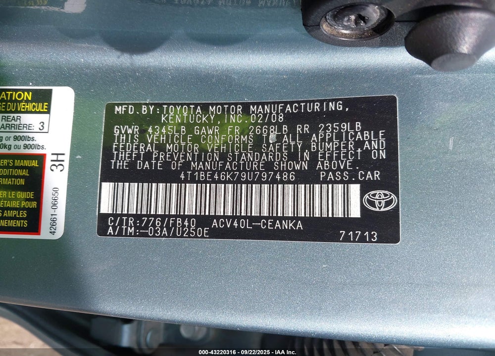 2009 TOYOTA CAMRY LE VIN: 4T1BE46K79U797486