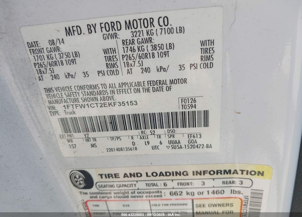 2014 FORD F-150 XLT VIN: 1FTFW1CT2EKF35153