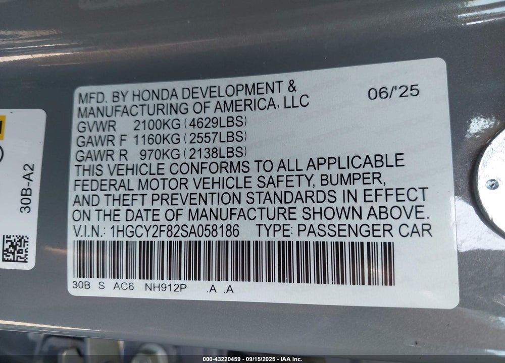 2025 HONDA ACCORD VIN: 1HGCY2F82SA058186