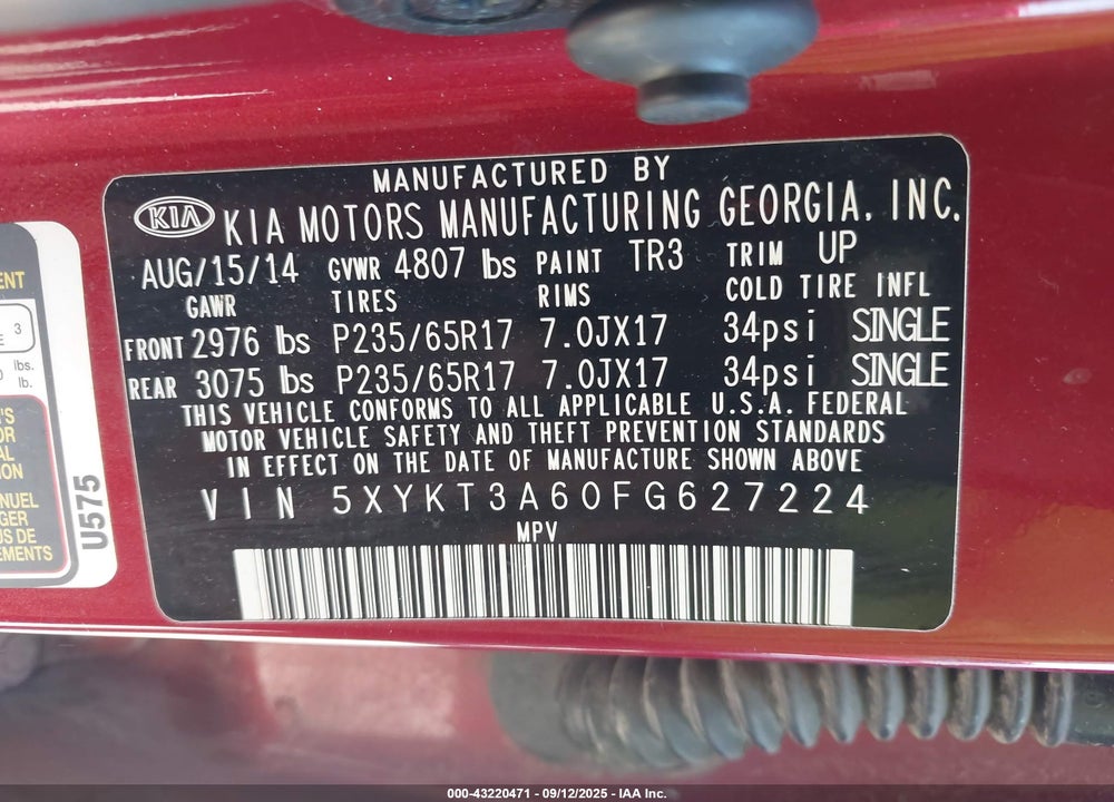 2015 KIA SORENTO LX VIN: 5XYKT3A60FG627224