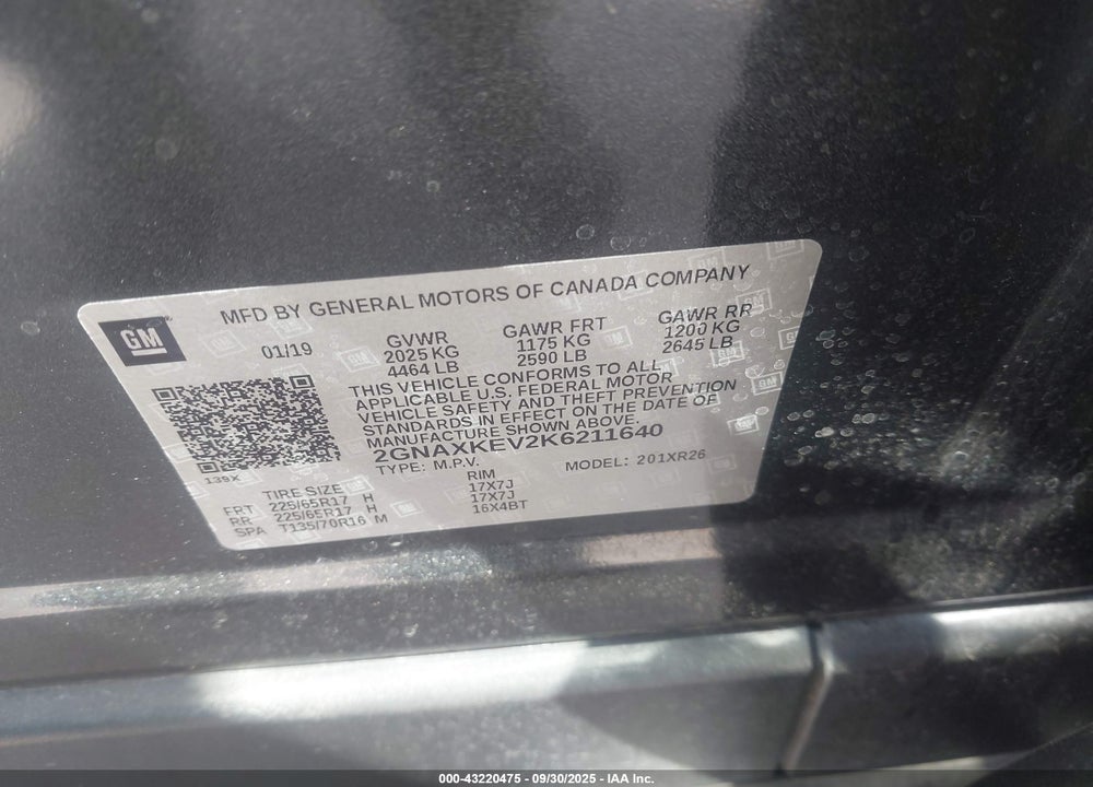 2019 CHEVROLET EQUINOX LT VIN: 2GNAXKEV2K6211640