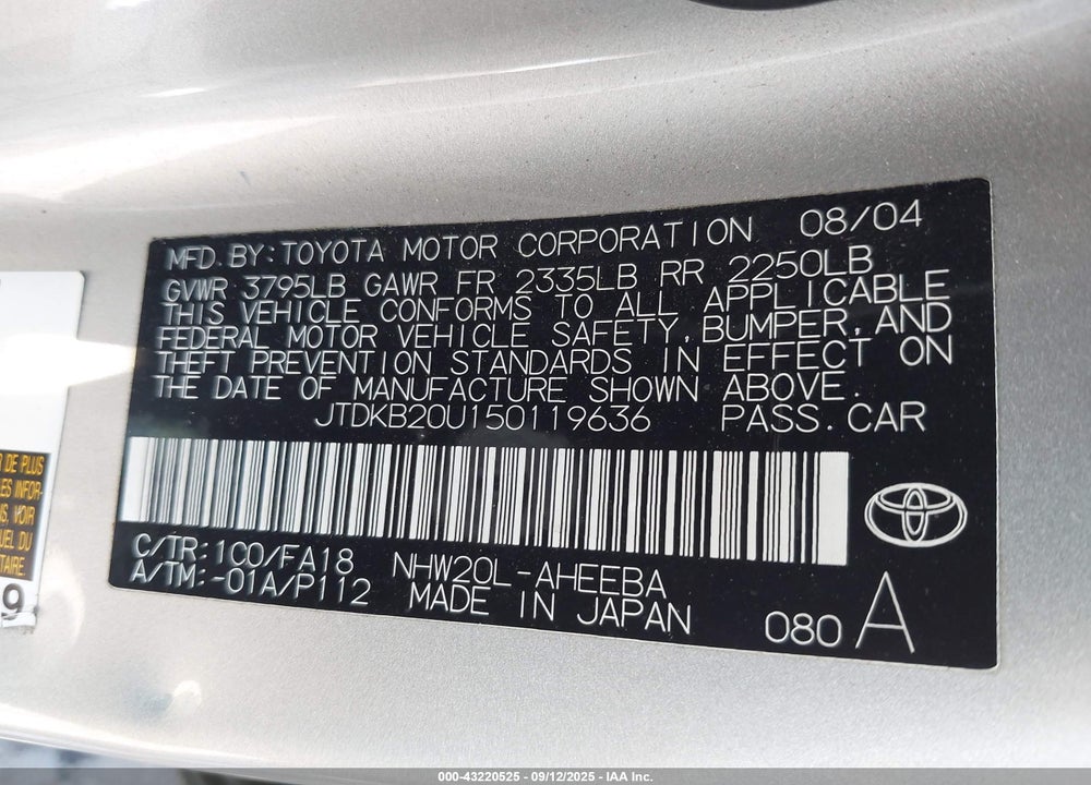 2005 TOYOTA PRIUS VIN: JTDKB20U150119636