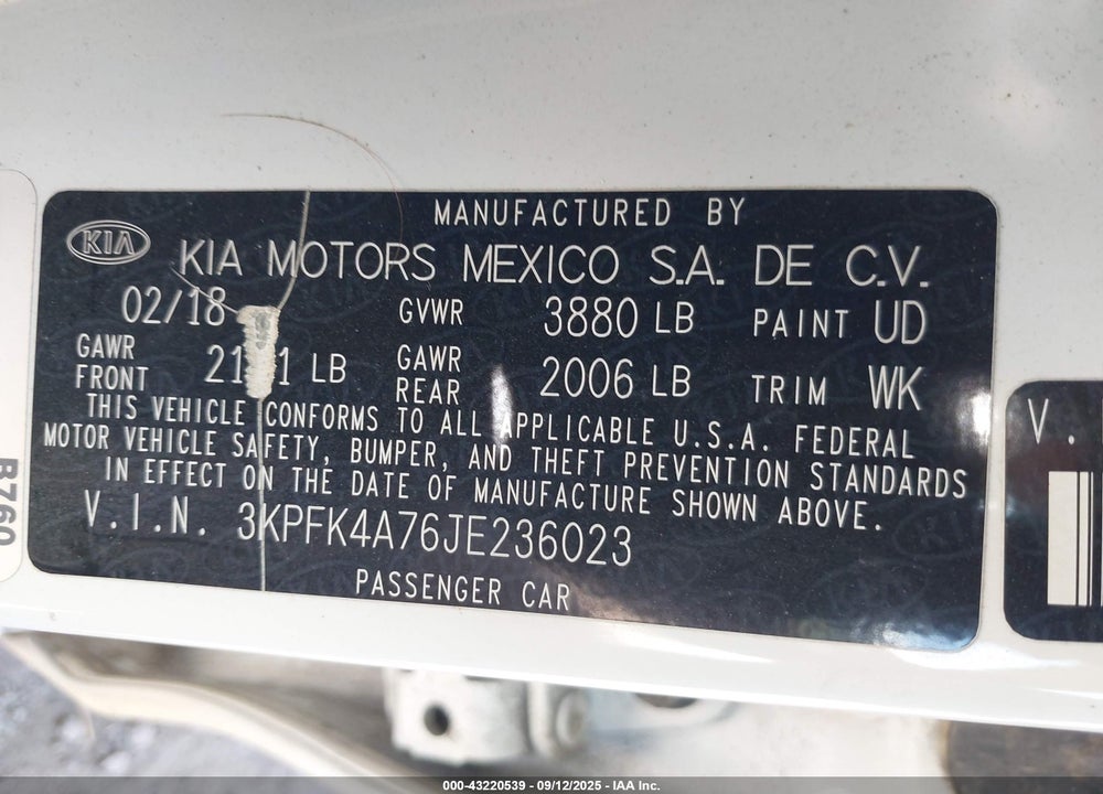 2018 KIA FORTE VIN: 3KPFK4A76JE236023