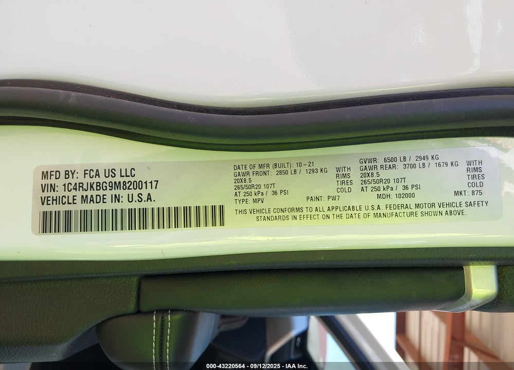 2021 JEEP GRAND CHEROKEE L VIN: 1C4RJKBG9M8200117