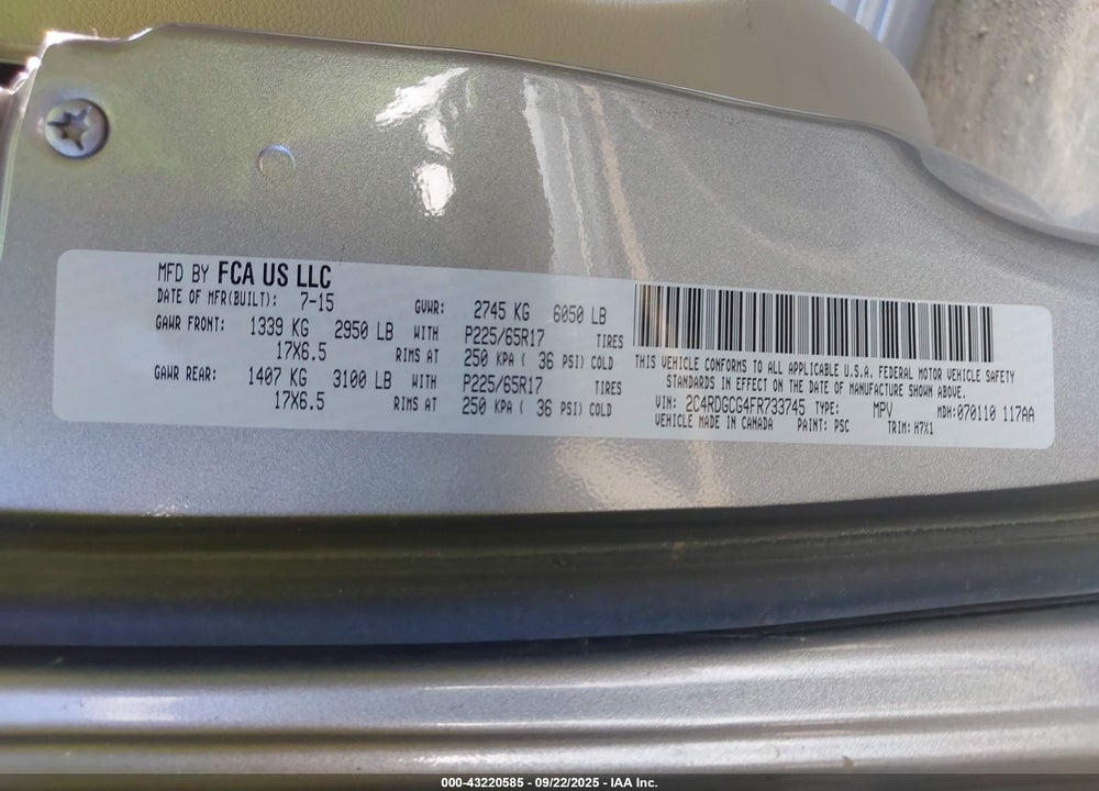 2015 DODGE GRAND CARAVAN SXT VIN: 2C4RDGCG4FR733745