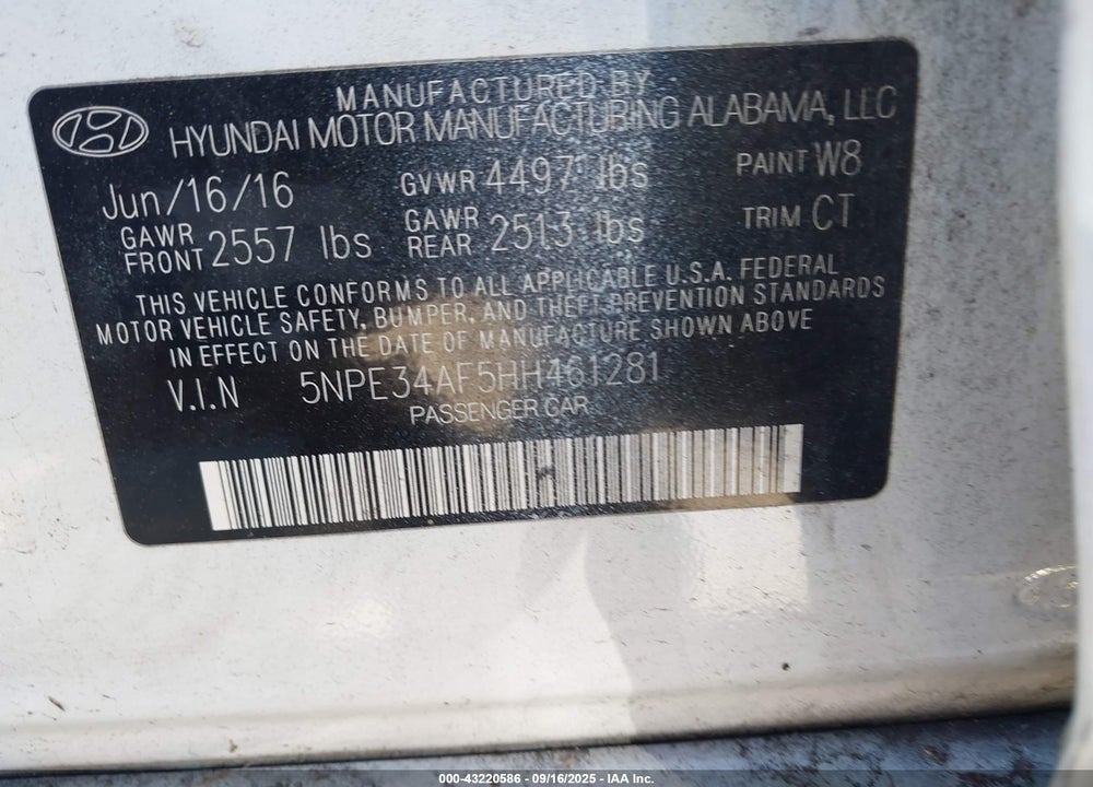 2017 HYUNDAI SONATA SPORT VIN: 5NPE34AF5HH461281