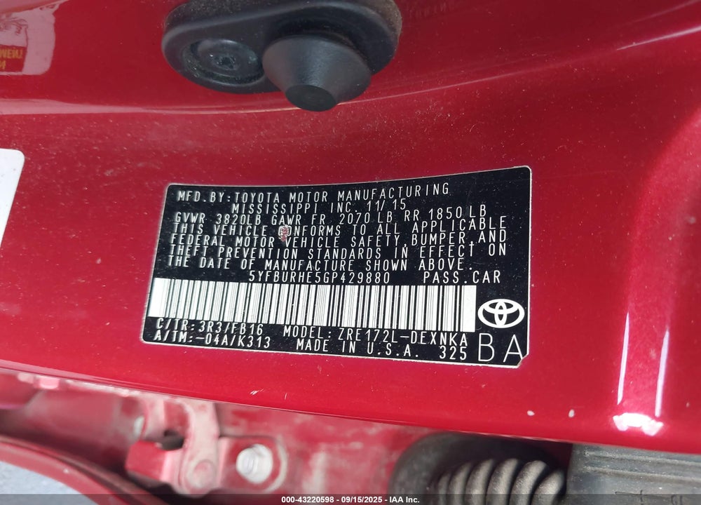 2016 TOYOTA COROLLA LE VIN: 5YFBURHE5GP429880