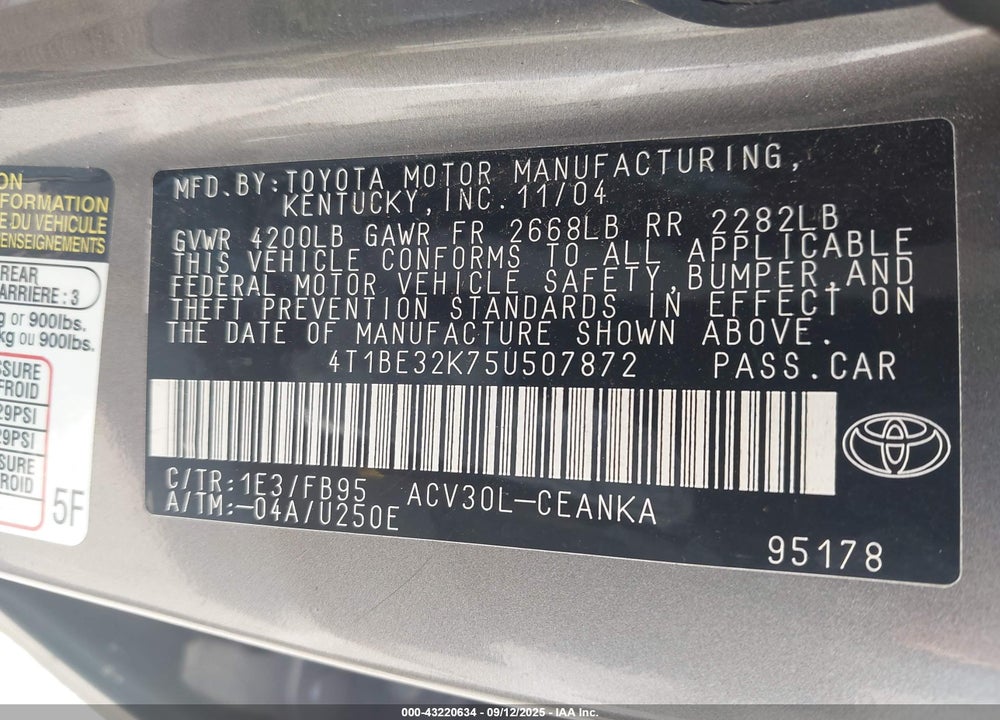 2005 TOYOTA CAMRY LE VIN: 4T1BE32K75U507872
