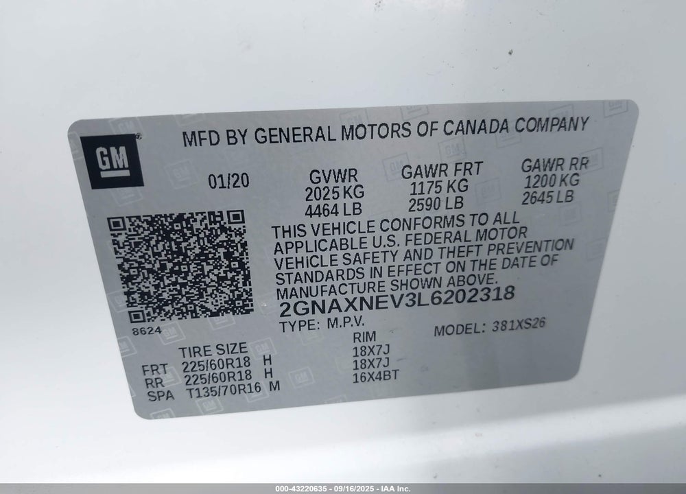 2020 CHEVROLET EQUINOX VIN: 2GNAXNEV3L6202318