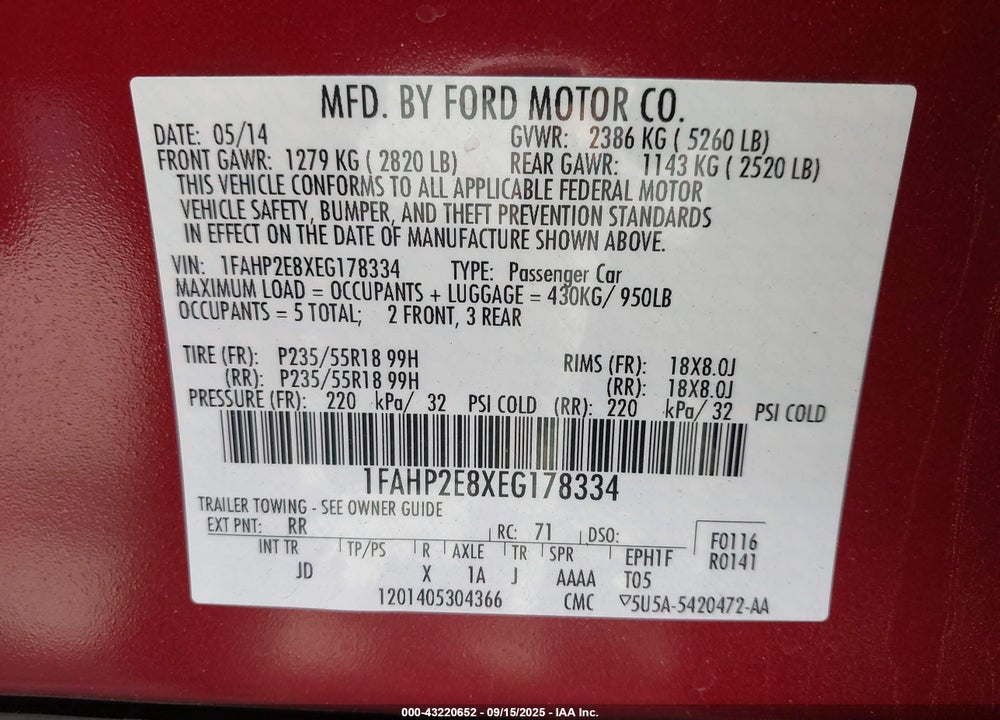 2014 FORD TAURUS SEL VIN: 1FAHP2E8XEG178334