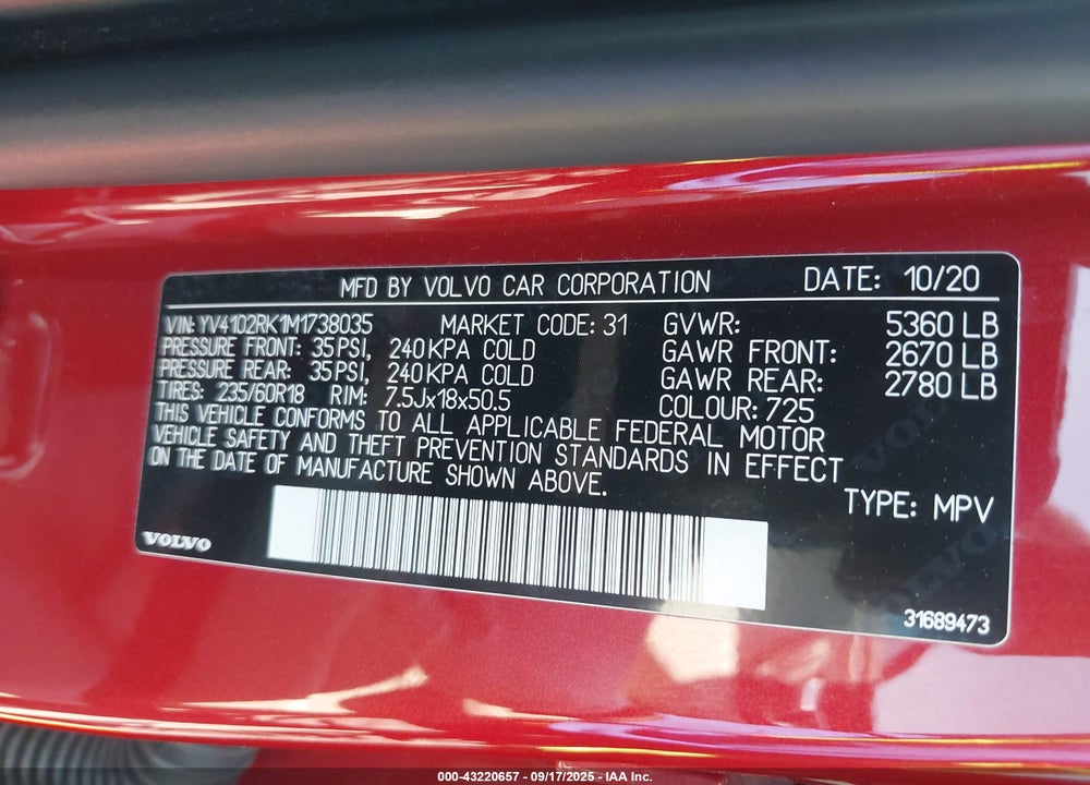 2021 VOLVO XC60 VIN: YV4102RK1M1738035