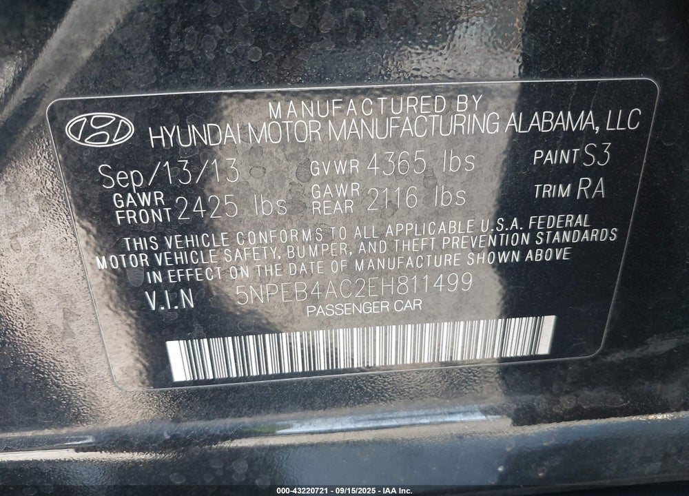 2014 HYUNDAI SONATA VIN: 5NPEB4AC2EH811499
