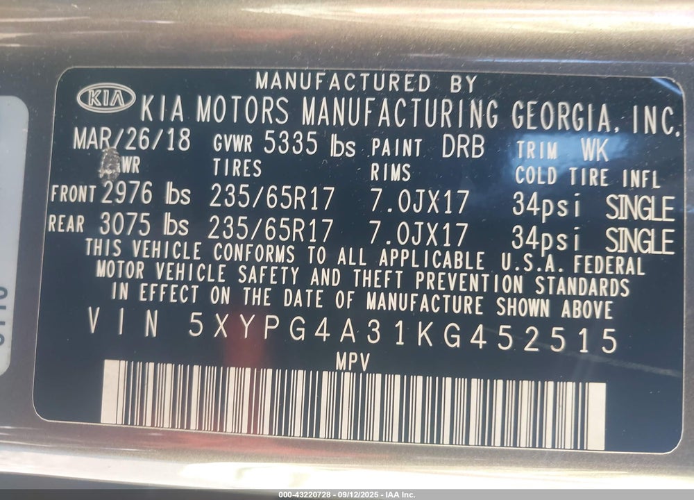 2019 KIA SORENTO VIN: 5XYPG4A31KG452515