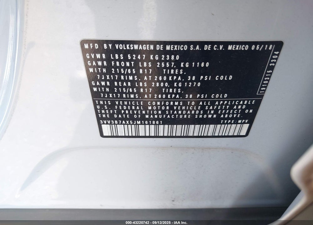 2018 VOLKSWAGEN TIGUAN 2.0T SE/2.0T SEL VIN: 3VV3B7AX5JM161861