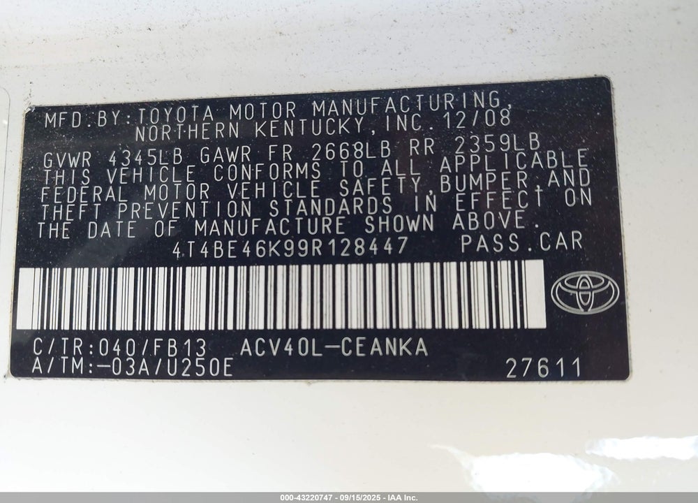 2009 TOYOTA CAMRY VIN: 4T4BE46K99R128447