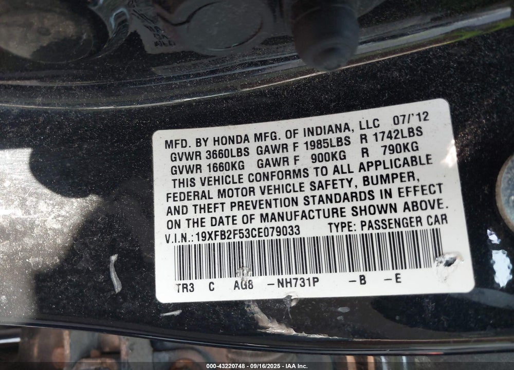 2012 HONDA CIVIC VIN: 19XFB2F53CE079033