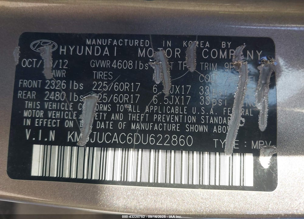 2013 HYUNDAI TUCSON VIN: KM8JUCAC6DU622860
