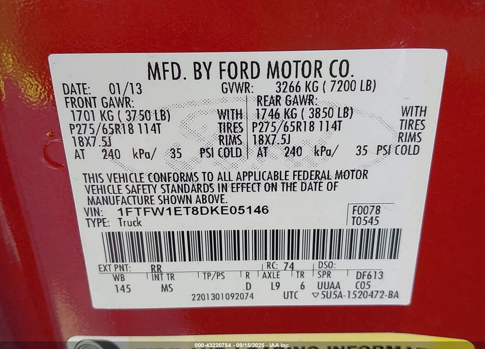 2013 FORD F-150 VIN: 1FTFW1ET8DKE05146