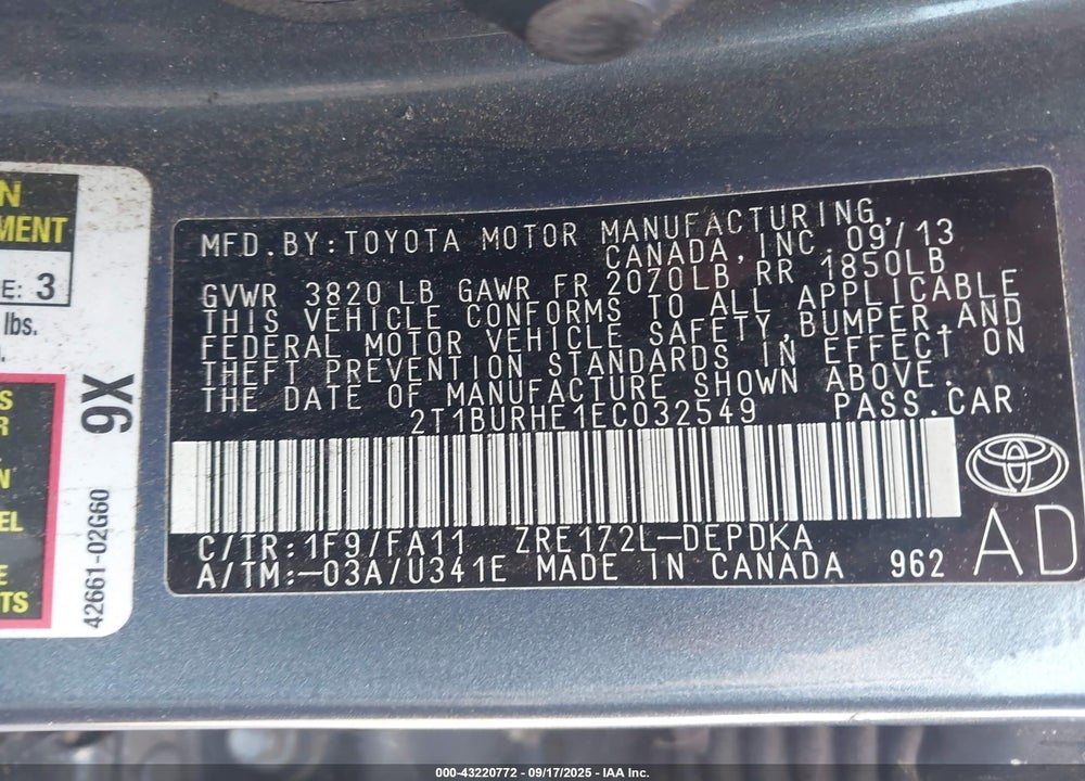 2014 TOYOTA COROLLA VIN: 2T1BURHE1EC032549