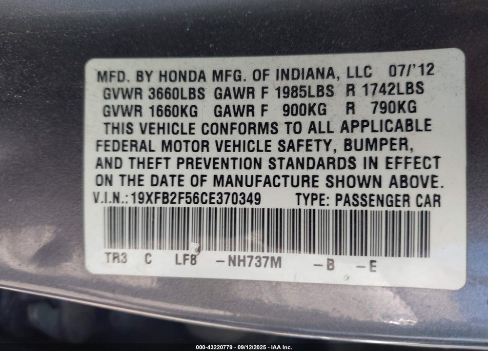 2012 HONDA CIVIC VIN: 19XFB2F56CE370349