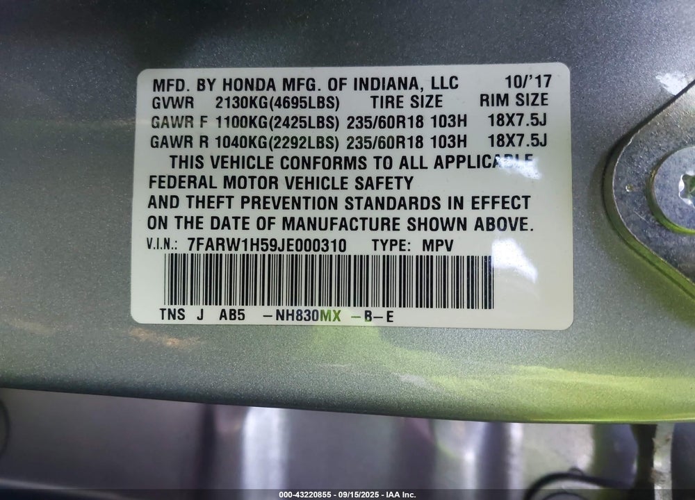 2018 HONDA CR-V VIN: 7FARW1H59JE000310
