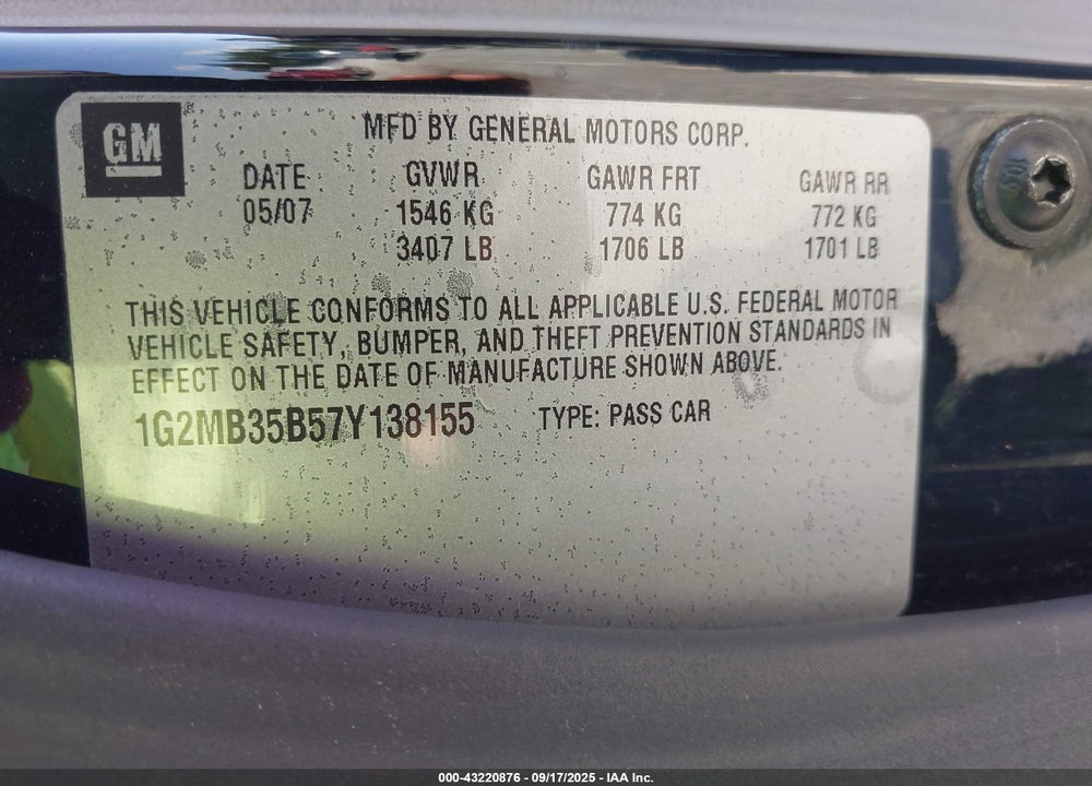 2007 PONTIAC SOLSTICE VIN: 1G2MB35B57Y138155