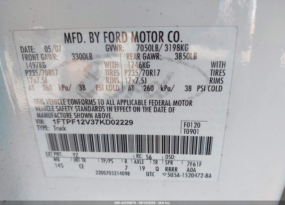 2007 FORD F-150 XL/XLT VIN: 1FTPF12V37KD02229