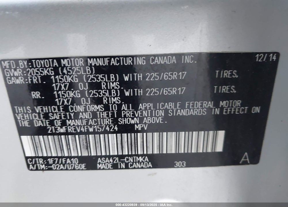 2015 TOYOTA RAV4 XLE VIN: 2T3WFREV4FW157424