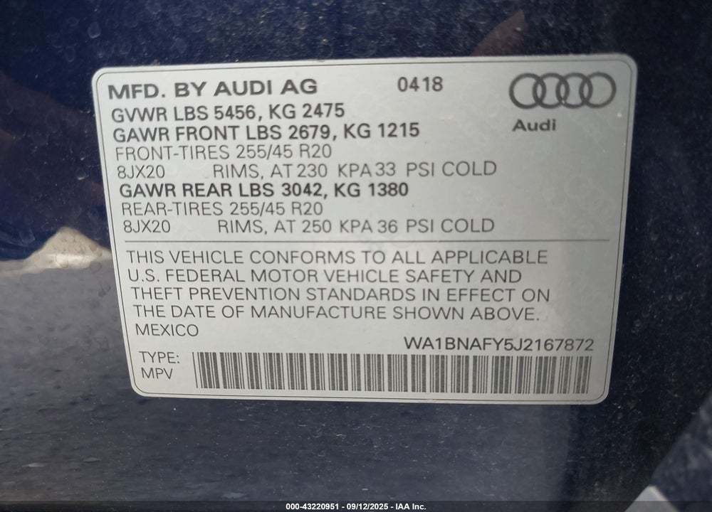 2018 AUDI Q5 VIN: WA1BNAFY5J2167872