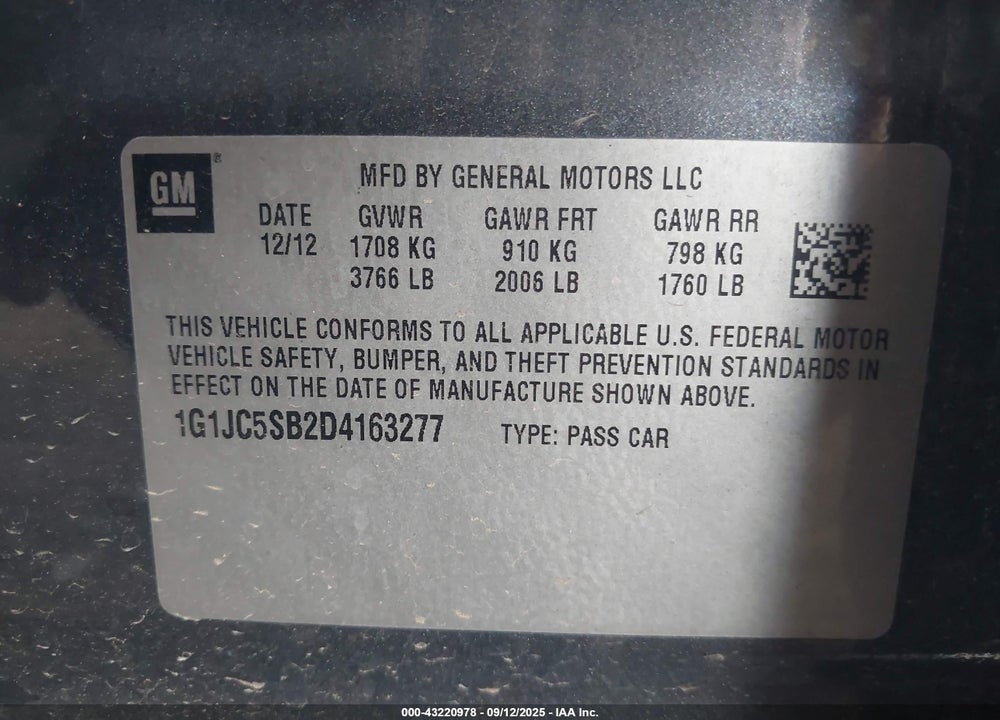 2013 CHEVROLET SONIC VIN: 1G1JC5SB2D4163277