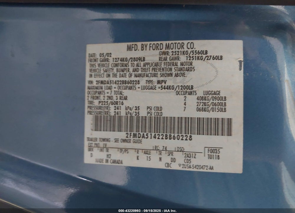 2002 FORD WINDSTAR LX VIN: 2FMDA51422BB60228